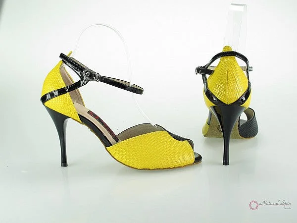 Super Savings 3.5" Irene -- Ultra Slim Heel Latin Sandal -- Yellow/ Black Snake Paint PU with Black Patent Heel