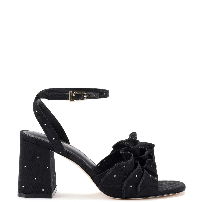 Can't Miss Selena Ruffle Sandal In Black Fabric and Crystals