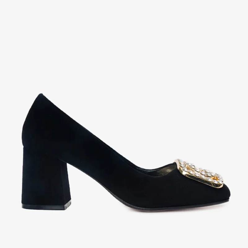 Price Cut The California Black Suede Leather Block Heel Pump Women Shoe