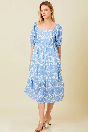Special Buy Tiered Square Neck Dress Ivory/Blue